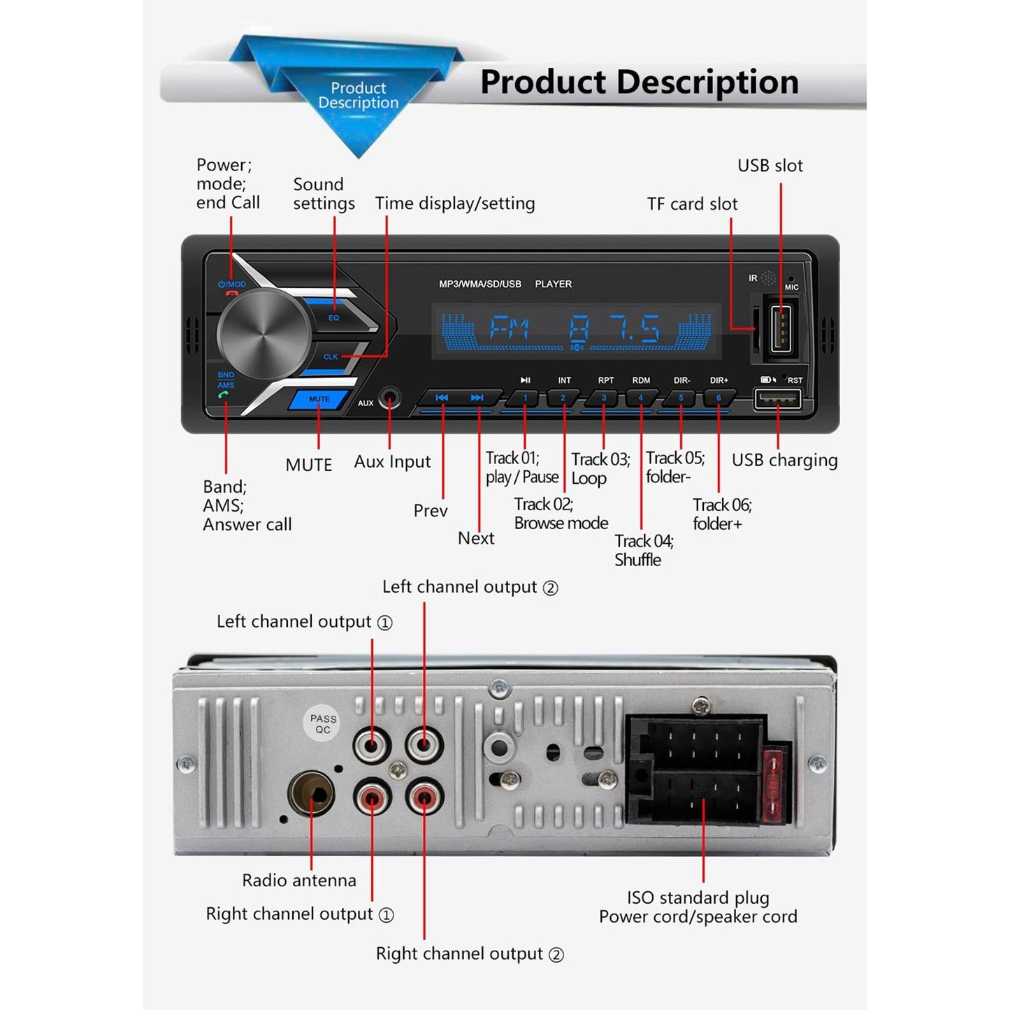 Digital Bluetooth Car Stereo Media Receiver AUX Input Remote Control 7 Color