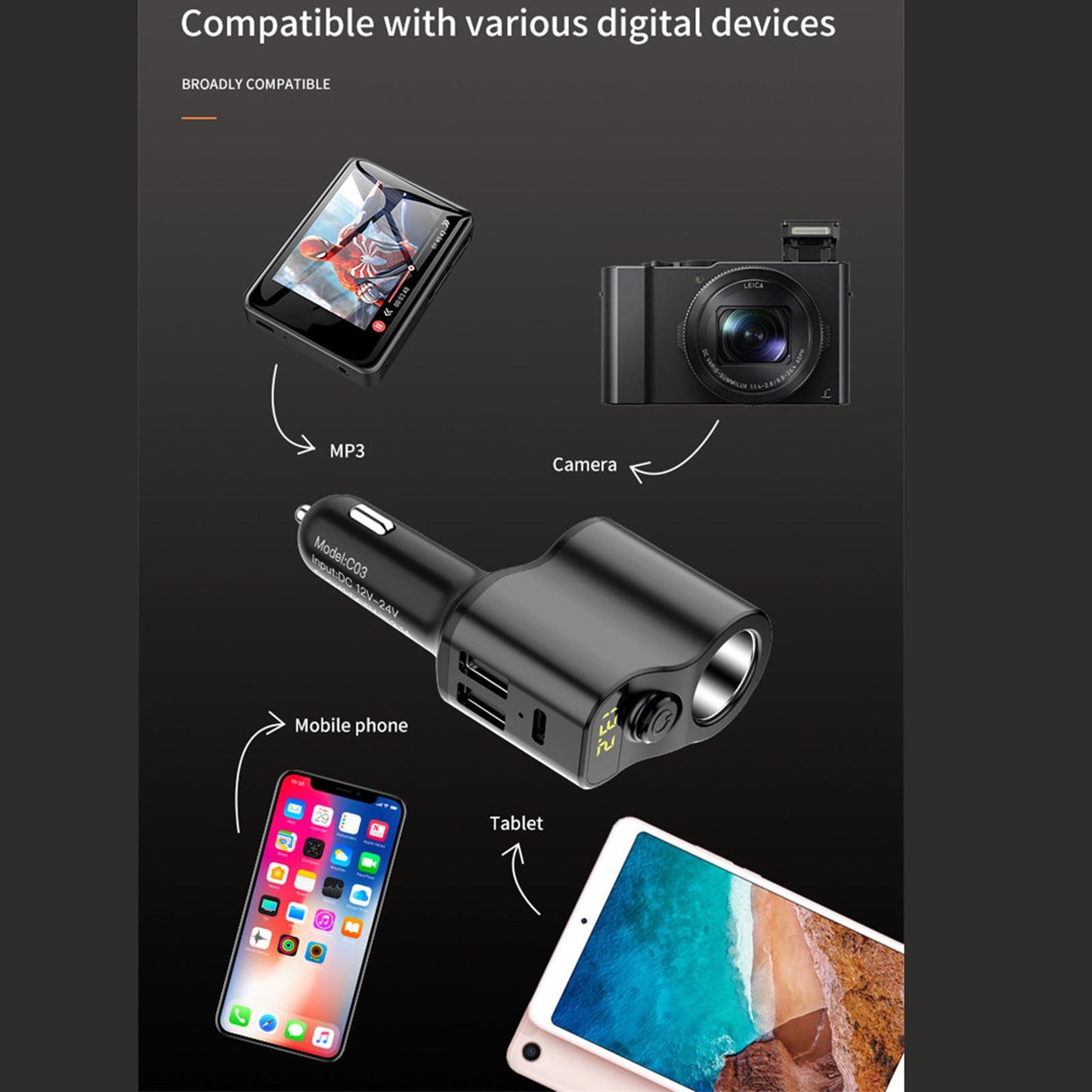 Car Charger Adapter FM Transmitter Cigarette Lighter with Digital Display