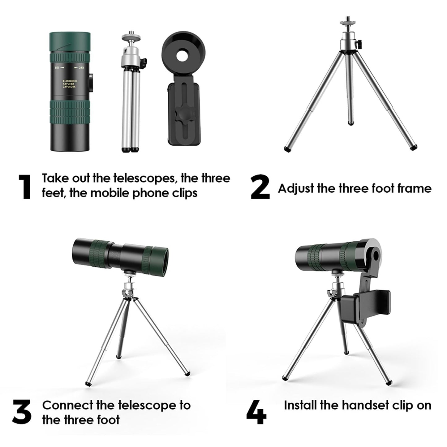 8-24X30 HD Zoom Monocular Scope for Traveling Concert Hiking Telescope Green with Tripod