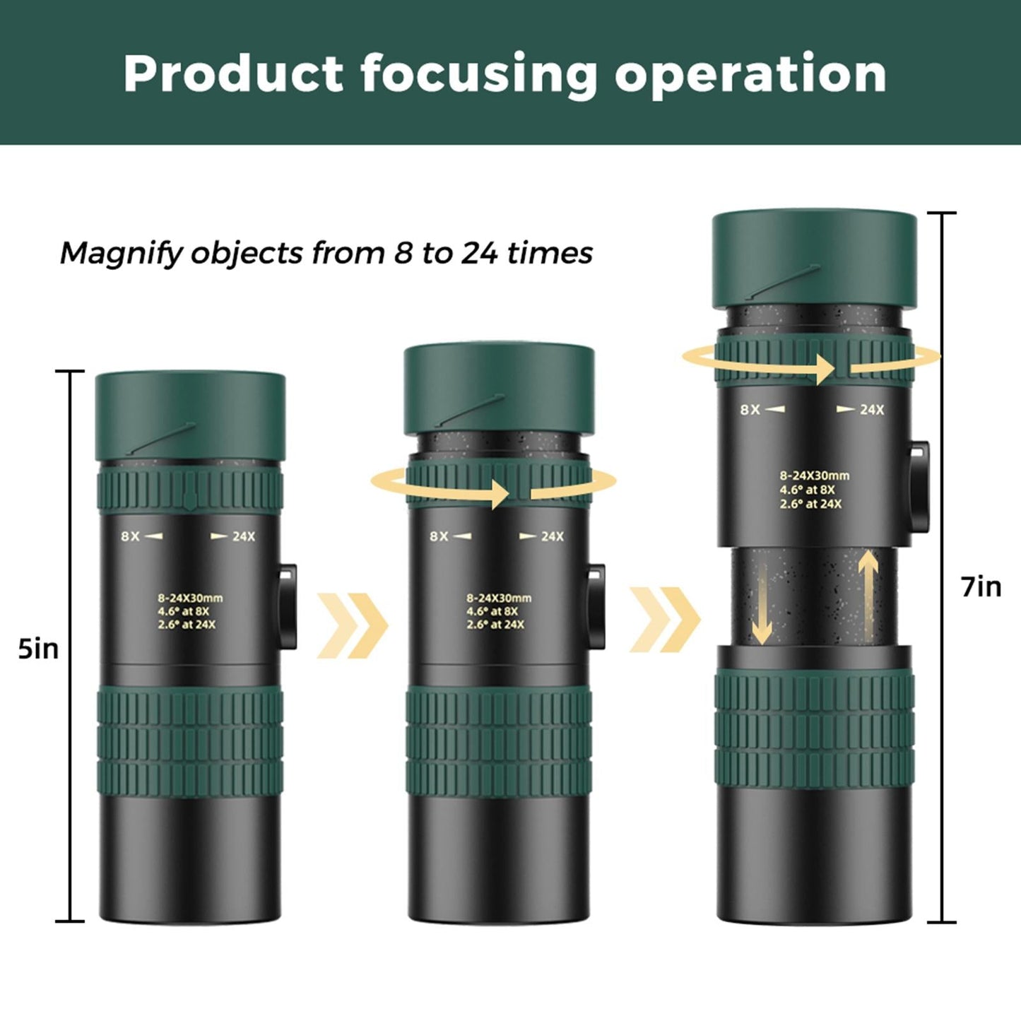 8-24X30 HD Zoom Monocular Scope for Traveling Concert Hiking Telescope Green with Tripod