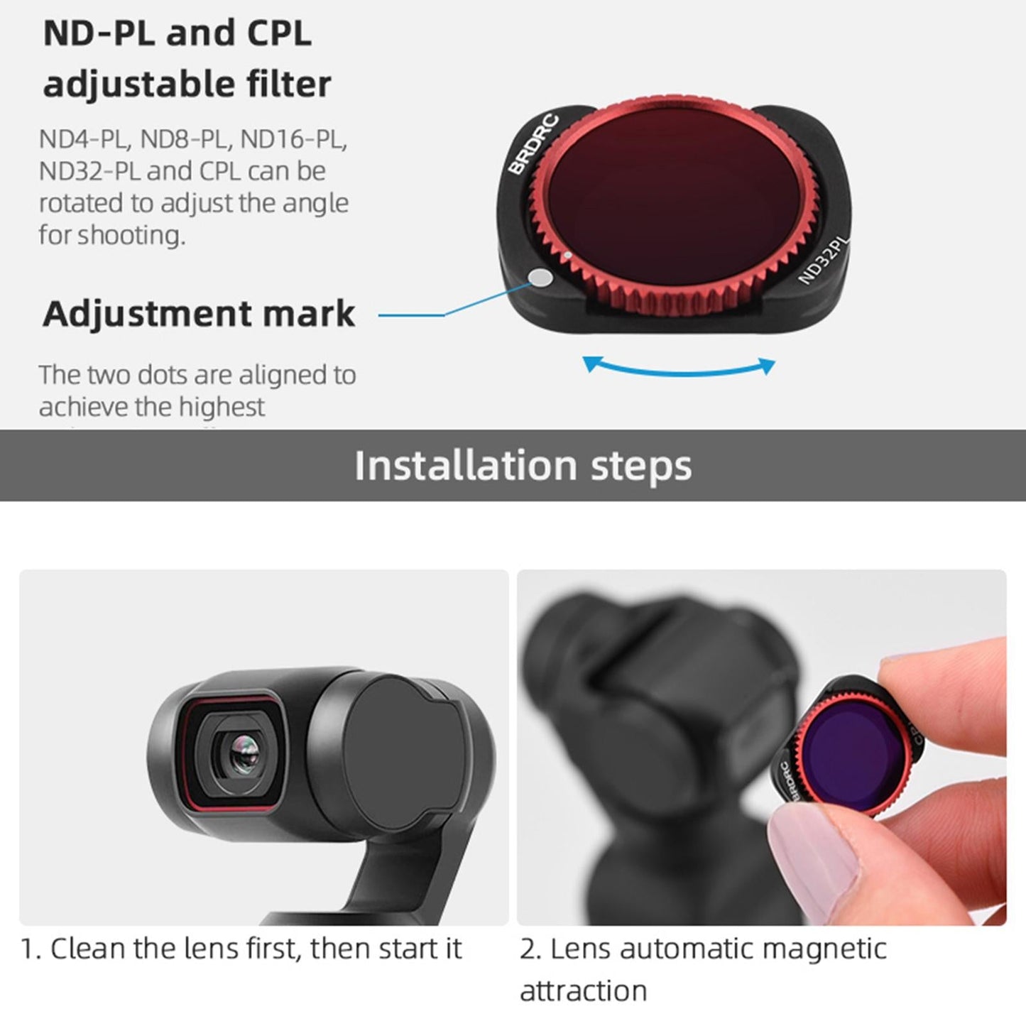 3-pack Lens Filter Kit Replaces for DJI POCKET 2 Metal Frame UV CPL ND8-PL