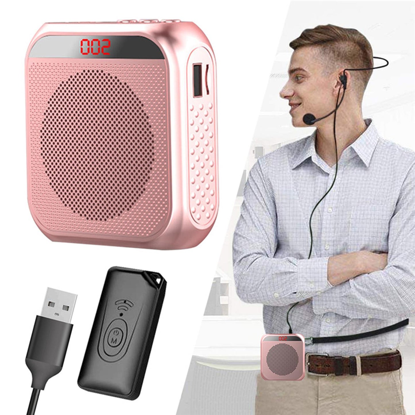 Portable Voice Amplifier Booster Megaphone w/Microphone Headset Rose Gold