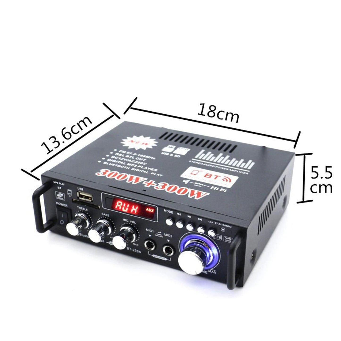Mini 600W Bluetooth Car Audio Power Amplifier 12V 220V Receiver Speaker Amp