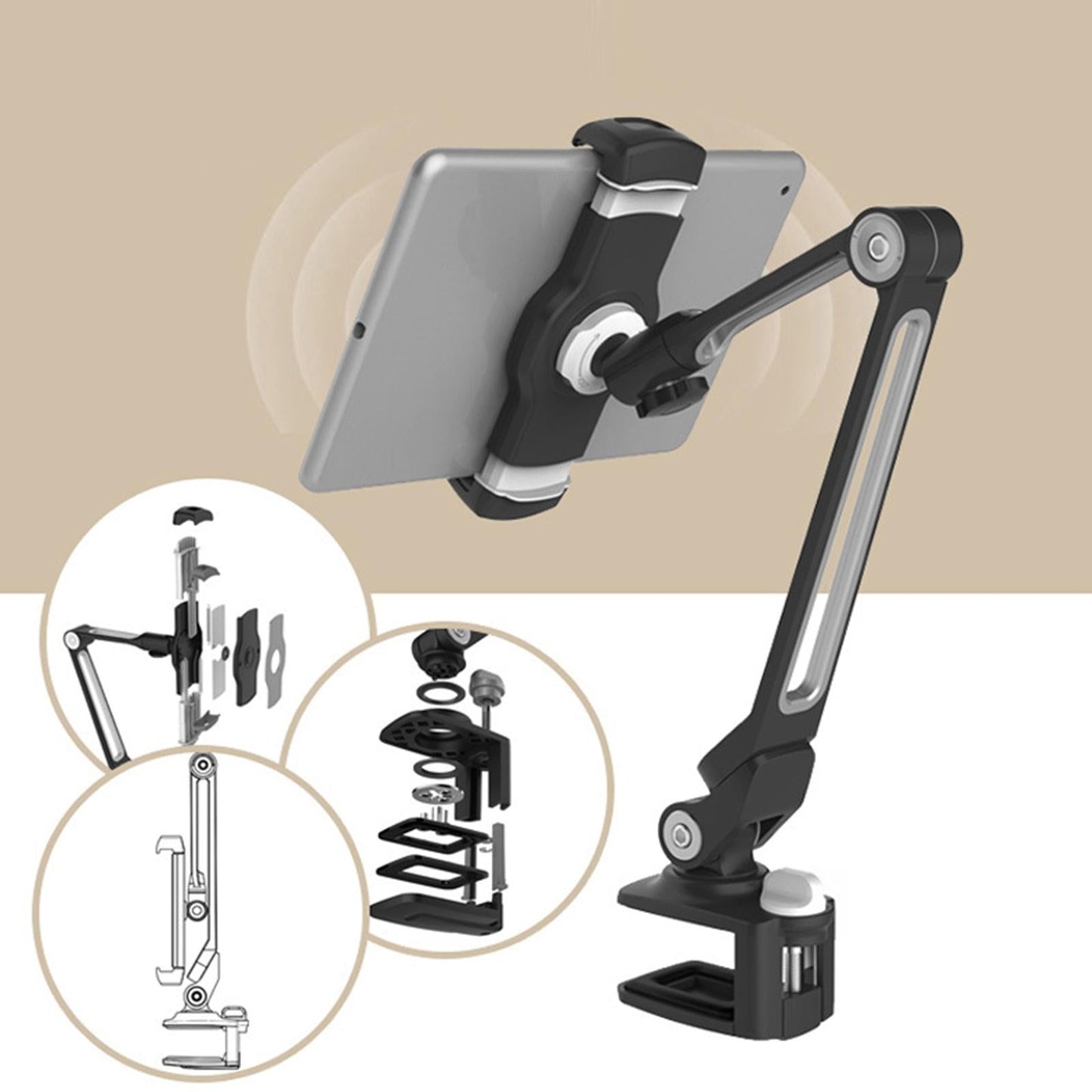 Tablet Stand Adjustable With Clip 360 Rotating Universal Tablet Black