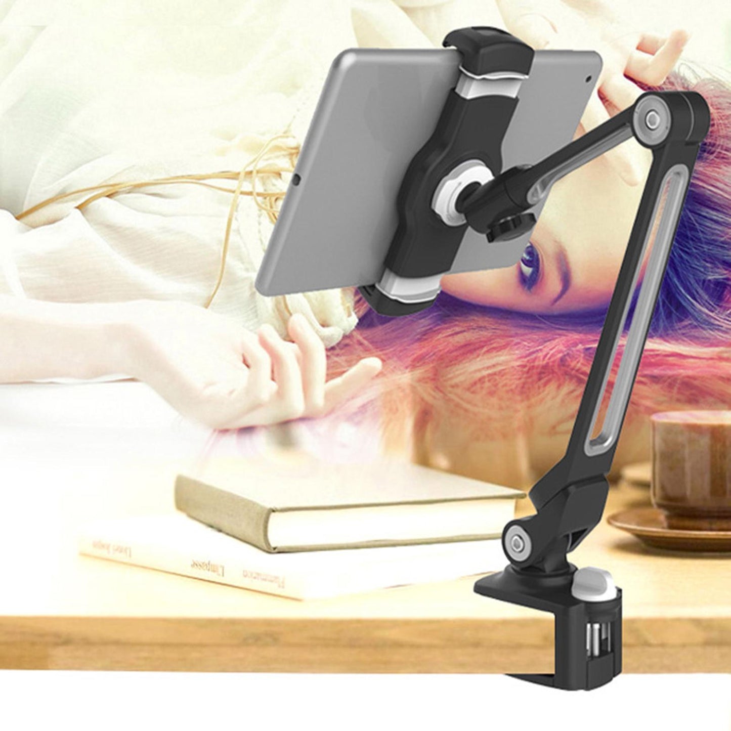 Tablet Stand Adjustable With Clip 360 Rotating Universal Tablet Black