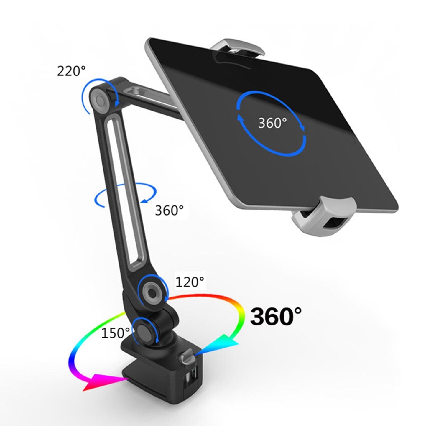 Tablet Stand Adjustable With Clip 360 Rotating Universal Tablet Black