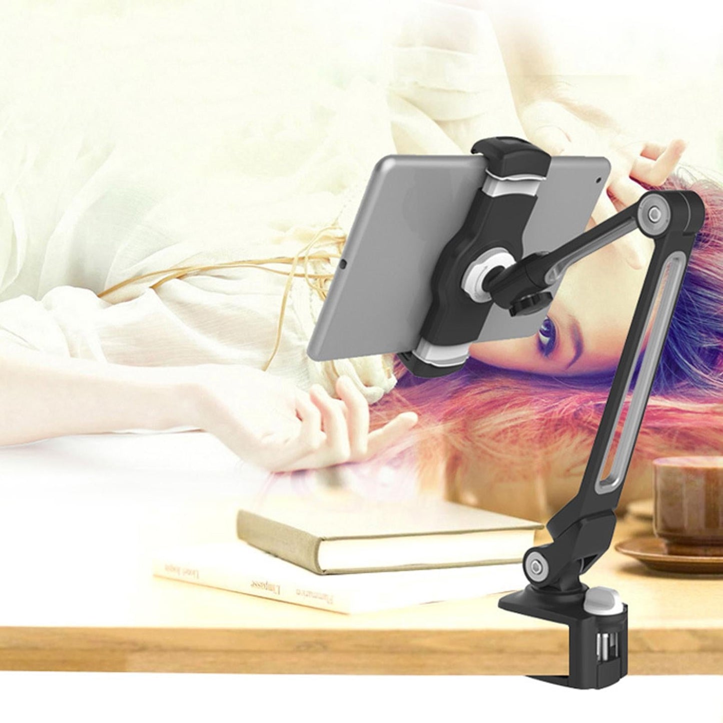 Tablet Stand Adjustable With Clip 360 Rotating Universal Tablet White