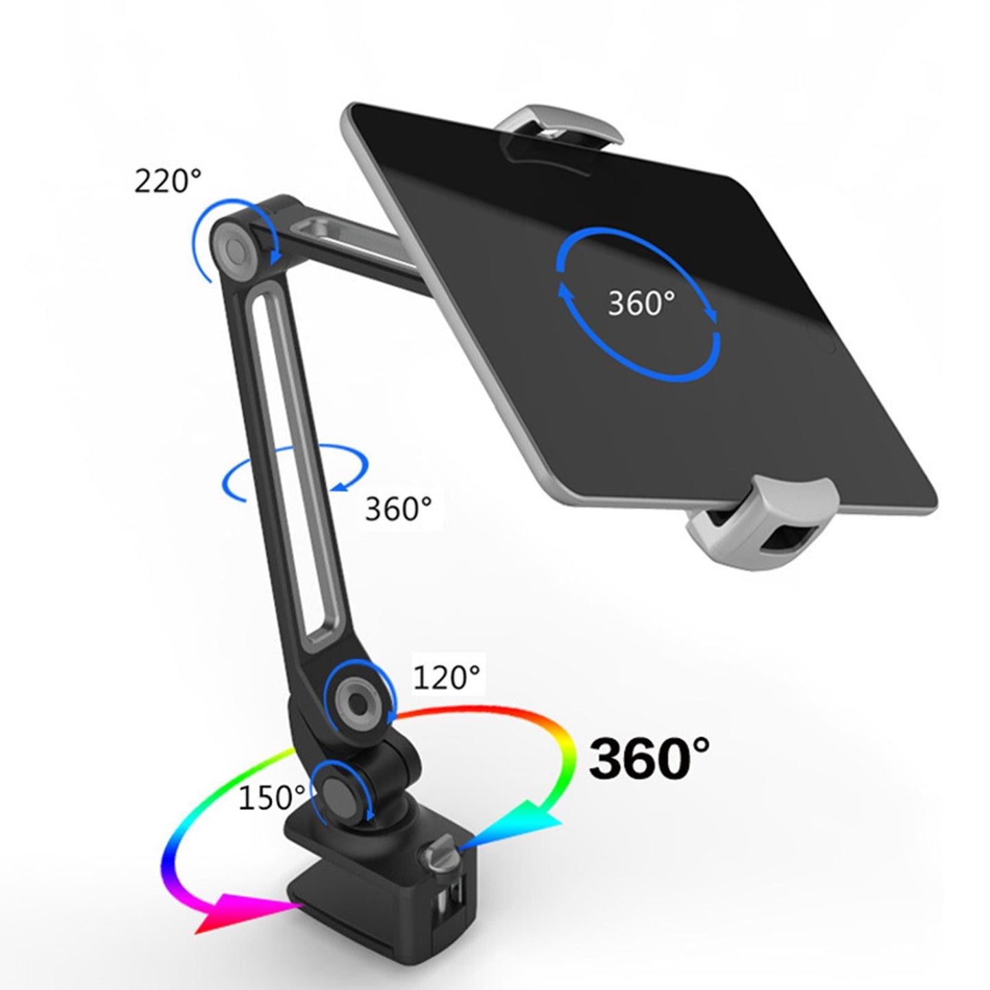 Tablet Stand Adjustable With Clip 360 Rotating Universal Tablet White