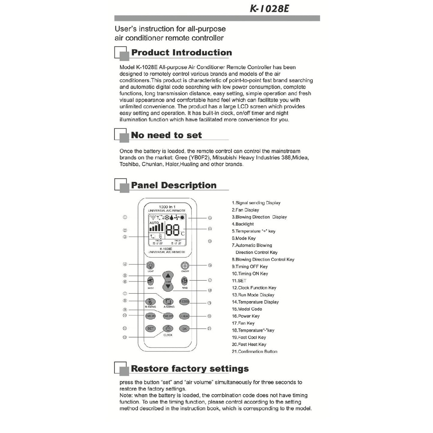 Universal A C Air Condition Remote Control Easy Use Compact Lightweight