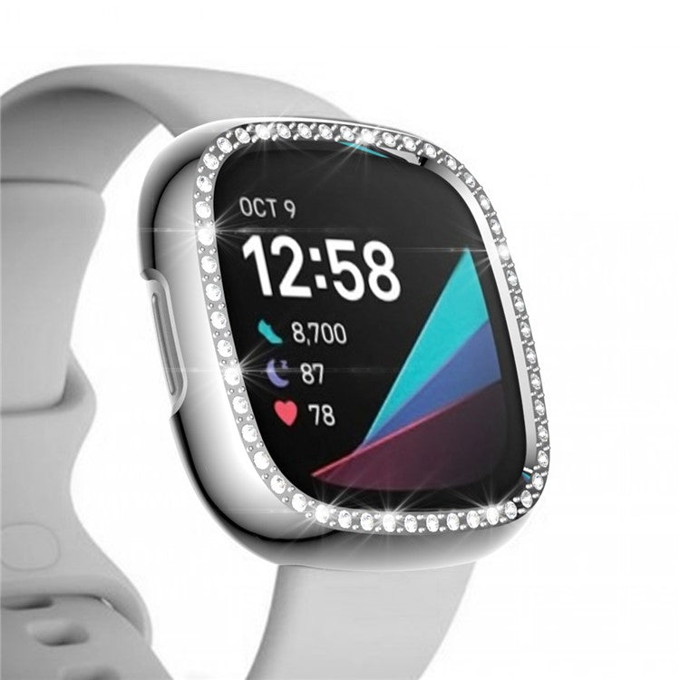 Single Row Rhinestone Decor PC Protective Cover Frame for Fitbit Versa 3/Sense - Silver