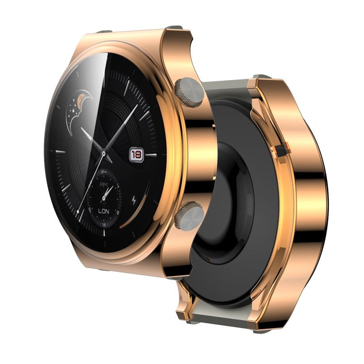 Tempered Glass Screen Protector Electroplated TPU Frame Case for Huawei Watch GT 2 Pro / Classic / Sport - Rose Gold