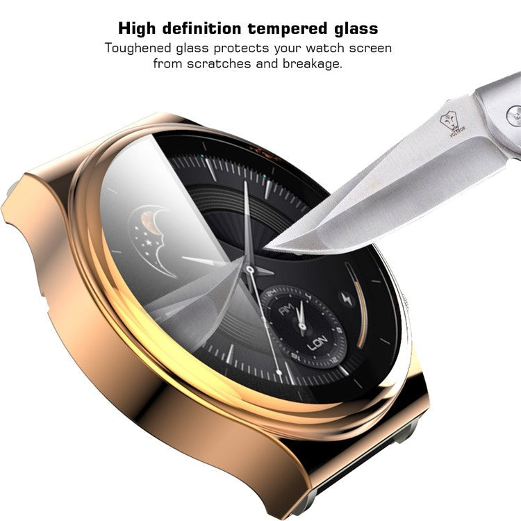 Tempered Glass Screen Protector Electroplated TPU Frame Case for Huawei Watch GT 2 Pro / Classic / Sport - Rose Gold