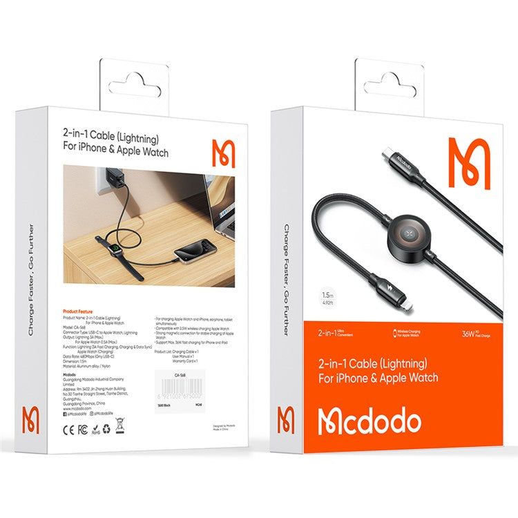 MCDODO CA-5680 2-in-1 Data Cable Type-C to iP + Watch Wireless Charger 36W 1.5m