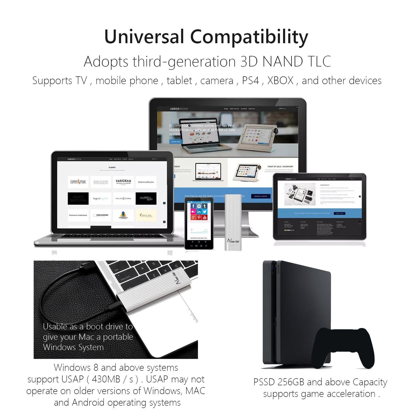 External SSD USB3.1 Solid State Disk for TV Phone Camera 1TB Silver