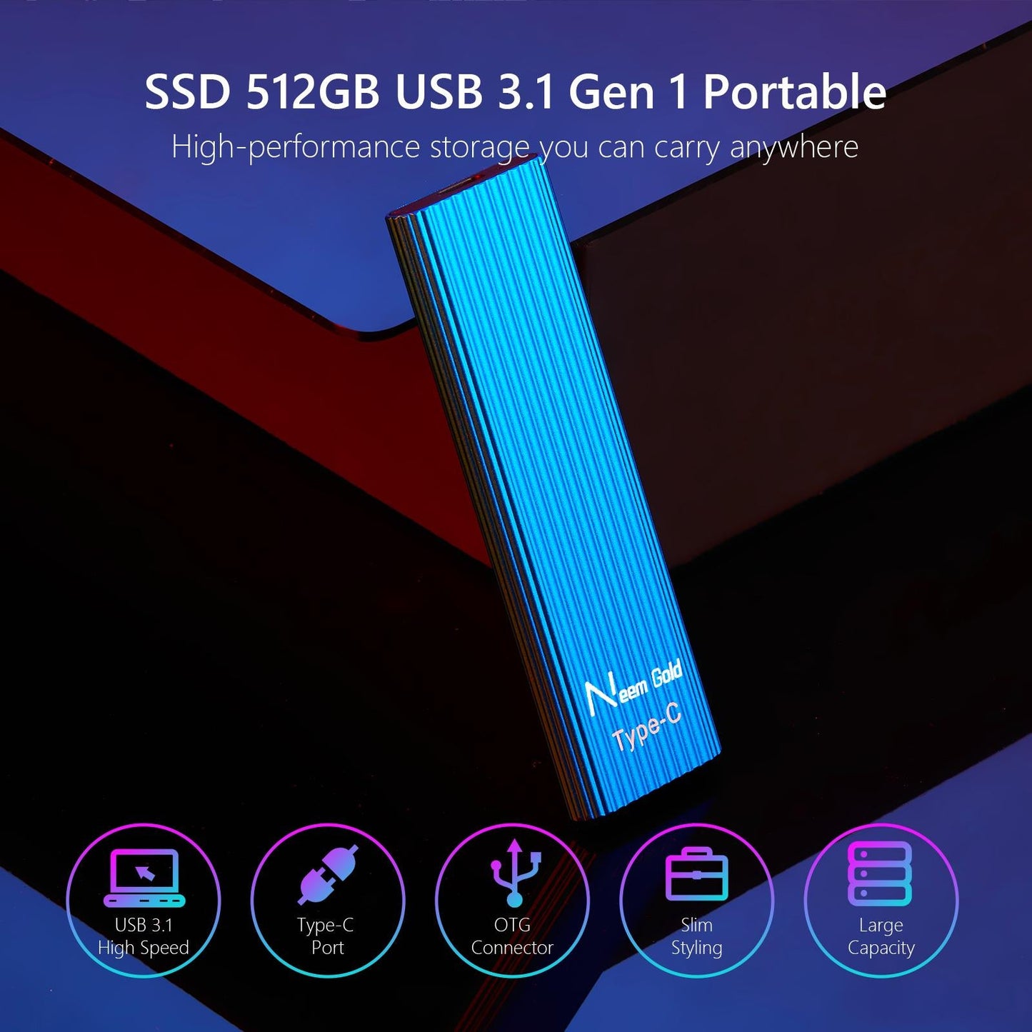 External SSD USB3.1 Solid State Disk for TV Phone Camera 1TB Blue