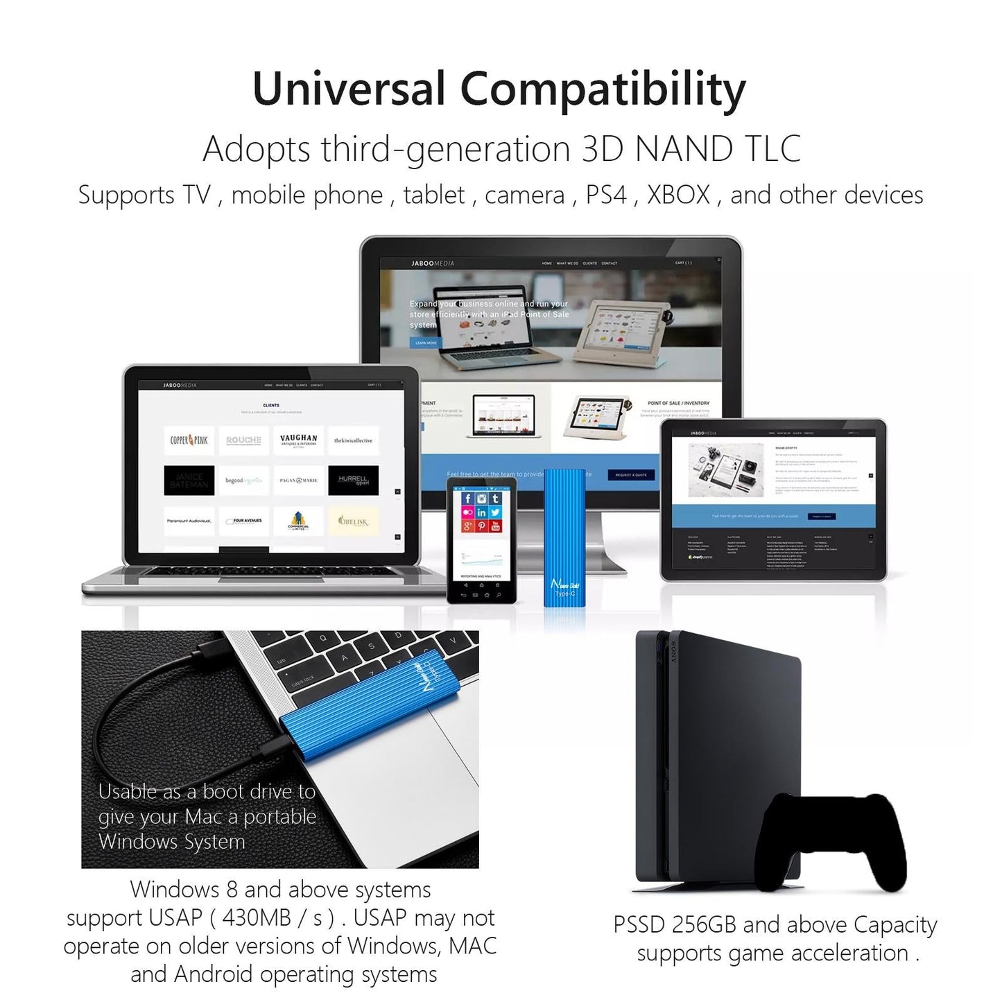 External SSD USB3.1 Solid State Disk for TV Phone Camera 2TB Blue