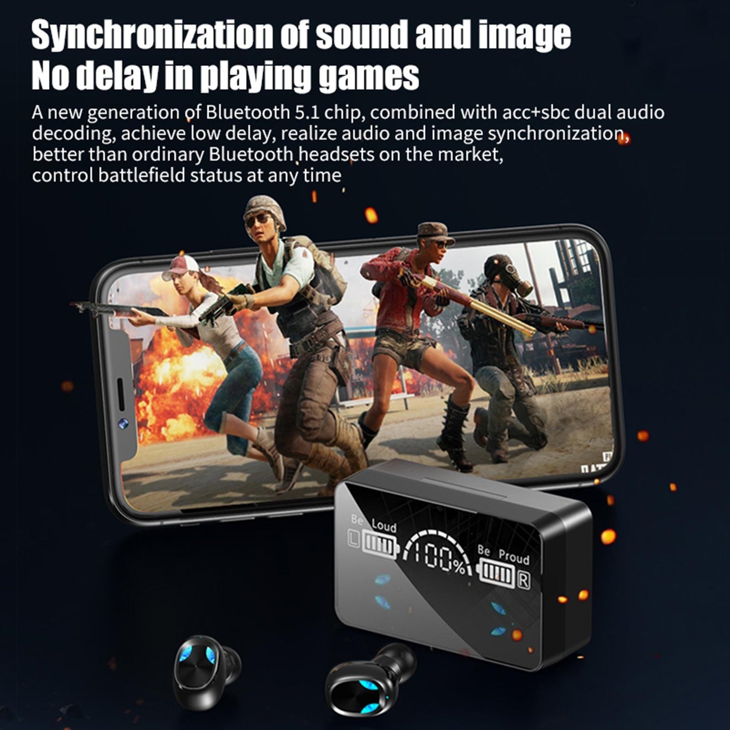 Wireless Bluetooth Earphones Touch Control LED Display TWS for Work black