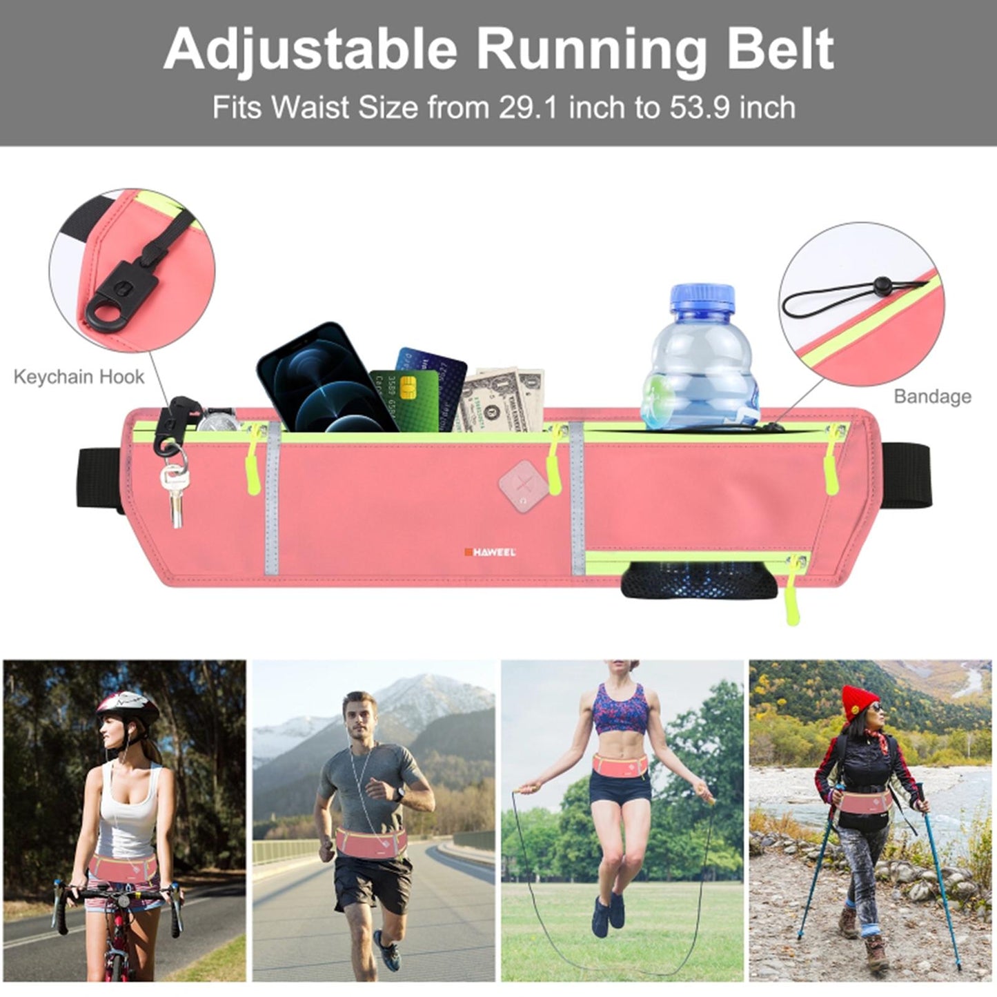 Running Belt Fanny Pack Slim Belt for Dog Walking Biking Shopping Water Pink