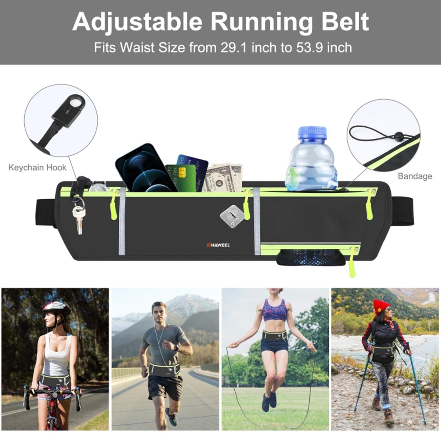 Running Belt Fanny Pack Slim Belt for Dog Walking Biking Shopping Water Black