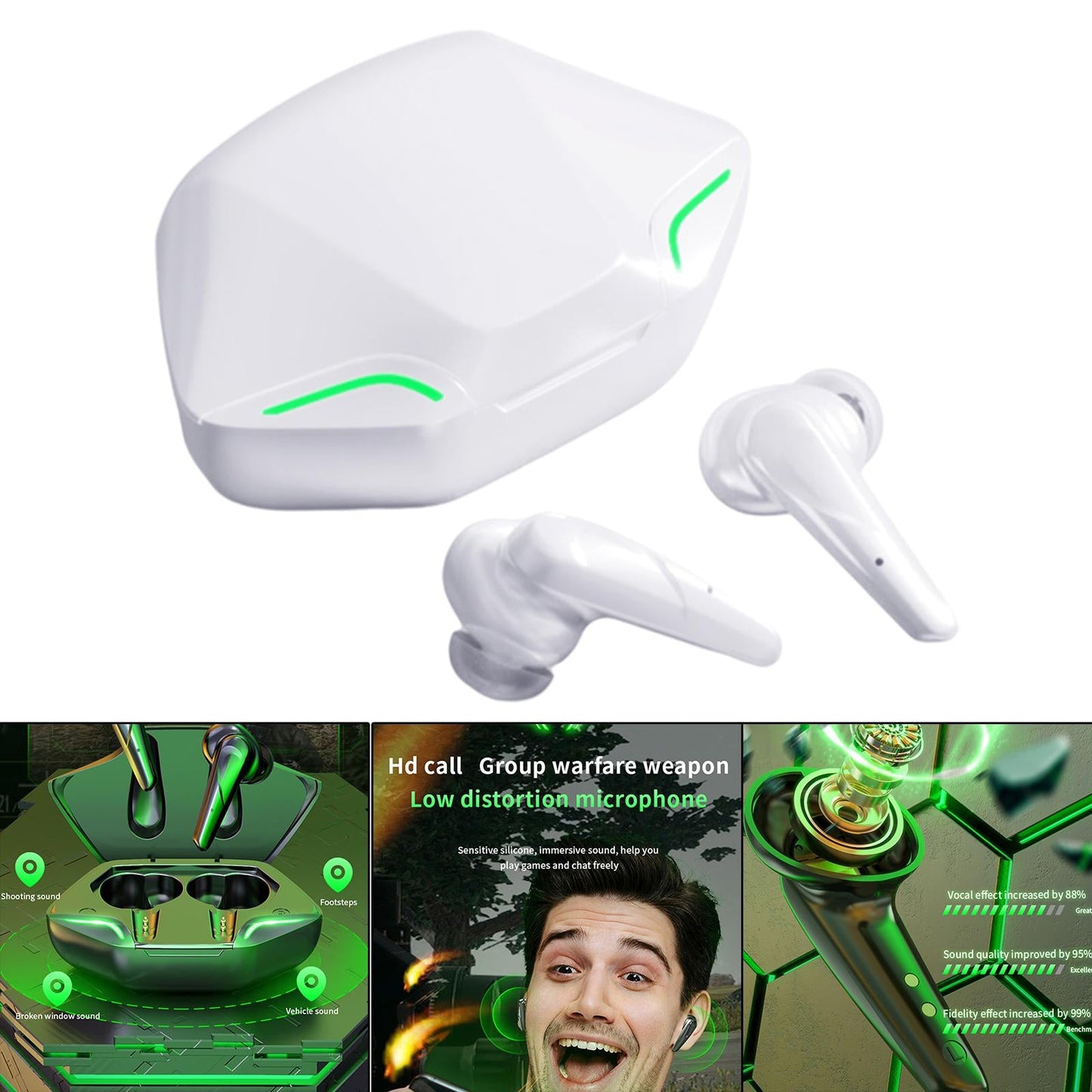 Wireless Bluetooth Earphones Touch Control No Delay Cool TWS for Game white