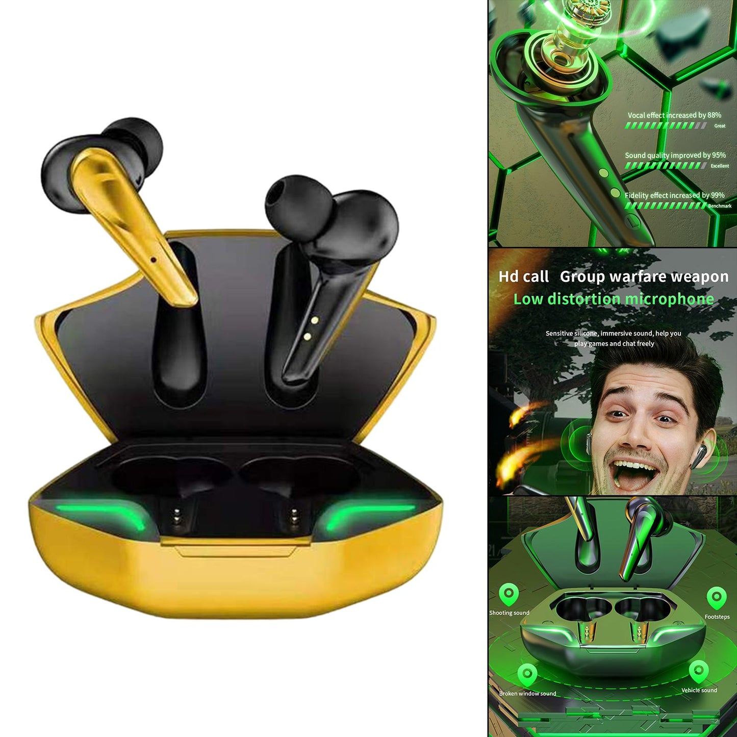 Wireless Bluetooth Earphones Touch Control No Delay Cool TWS for Game yellow