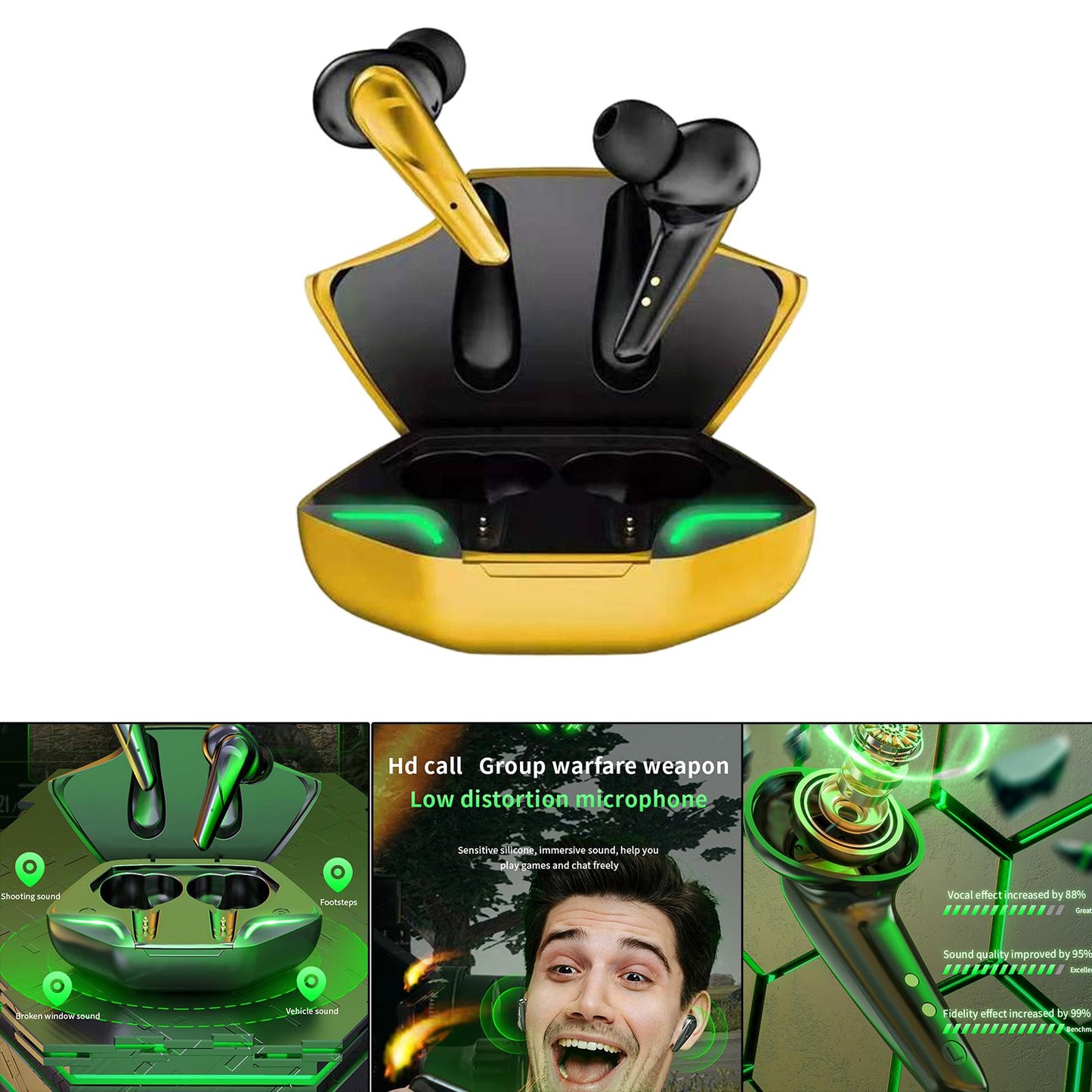 Wireless Bluetooth Earphones Touch Control No Delay Cool TWS for Game yellow