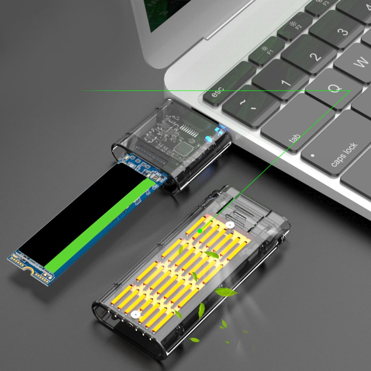 SSD to SATA 5 Gbps Hard Drive Enclosure Plug and Play External Perspective Golden
