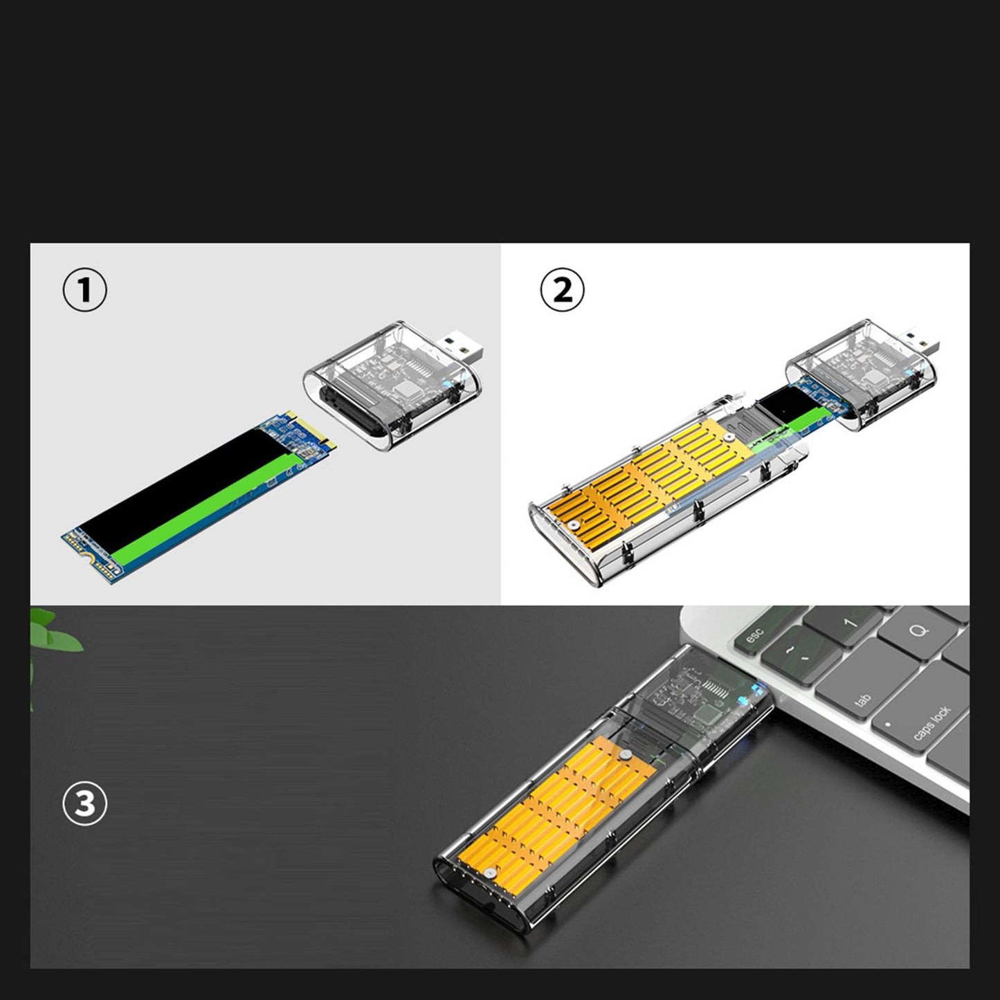 SSD to SATA 5 Gbps Hard Drive Enclosure Plug and Play External Perspective Golden