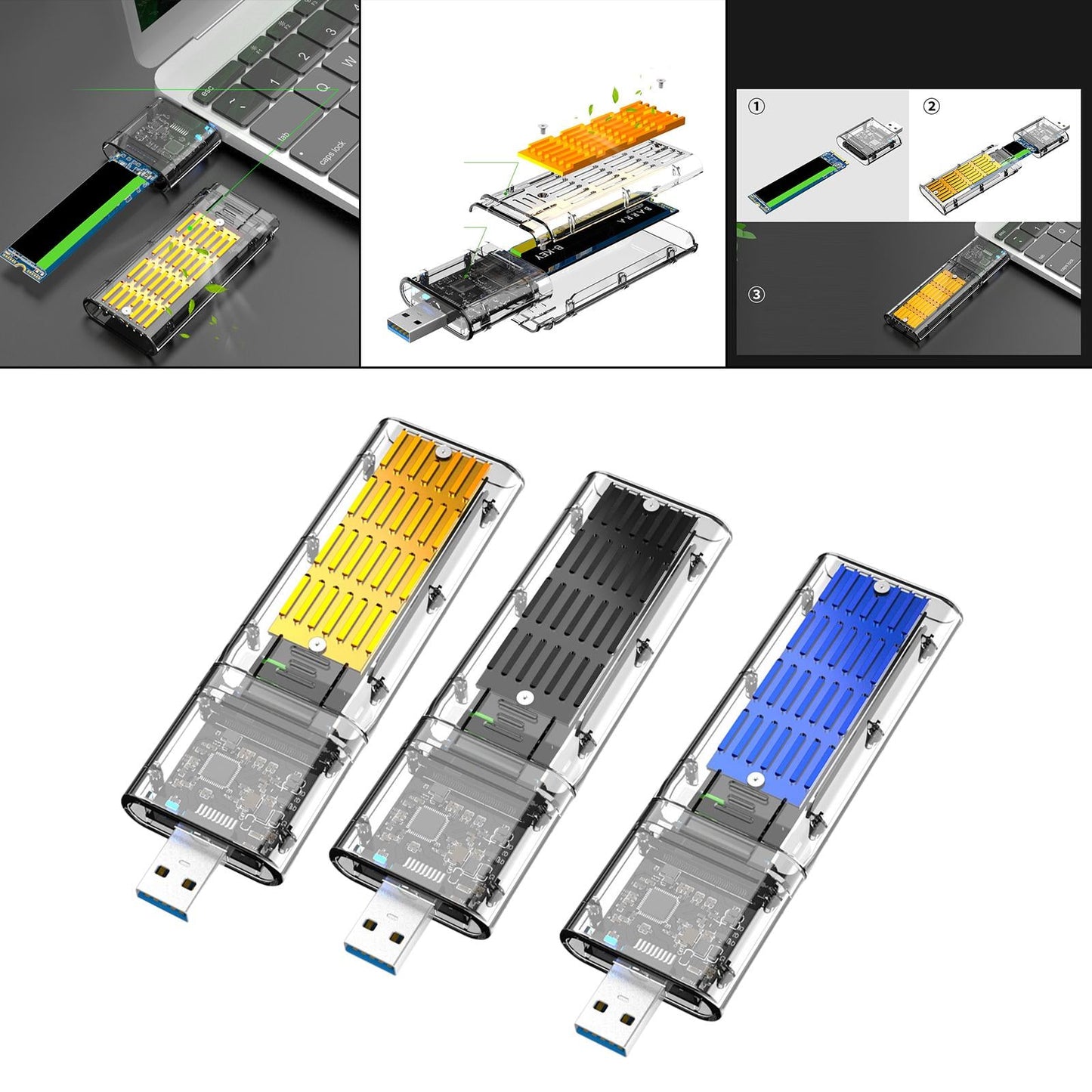 SSD to SATA 5 Gbps Hard Drive Enclosure Plug and Play External Perspective Golden