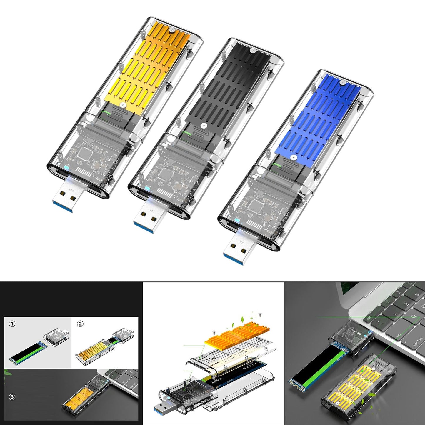 SSD to SATA 5 Gbps Hard Drive Enclosure Plug and Play External Perspective Golden