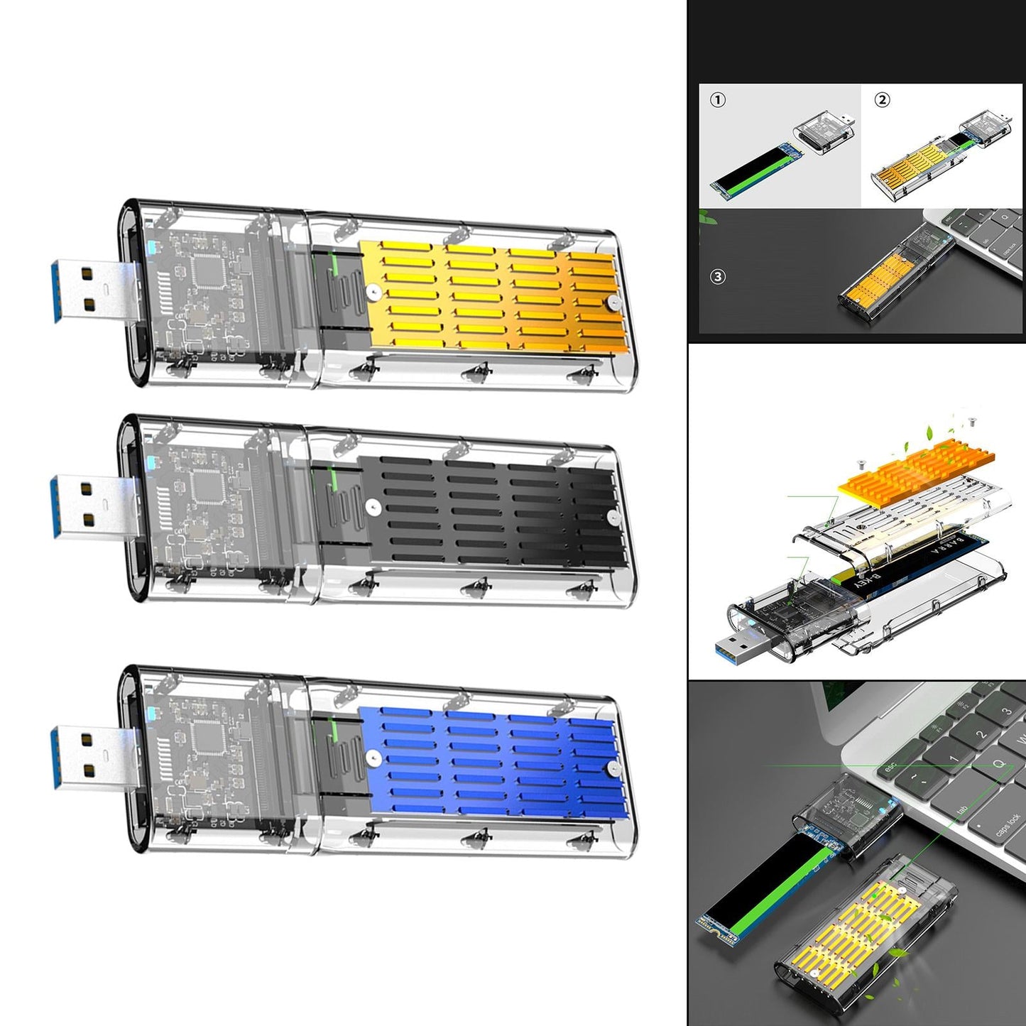 SSD to SATA 5 Gbps Hard Drive Enclosure Plug and Play External Perspective Golden