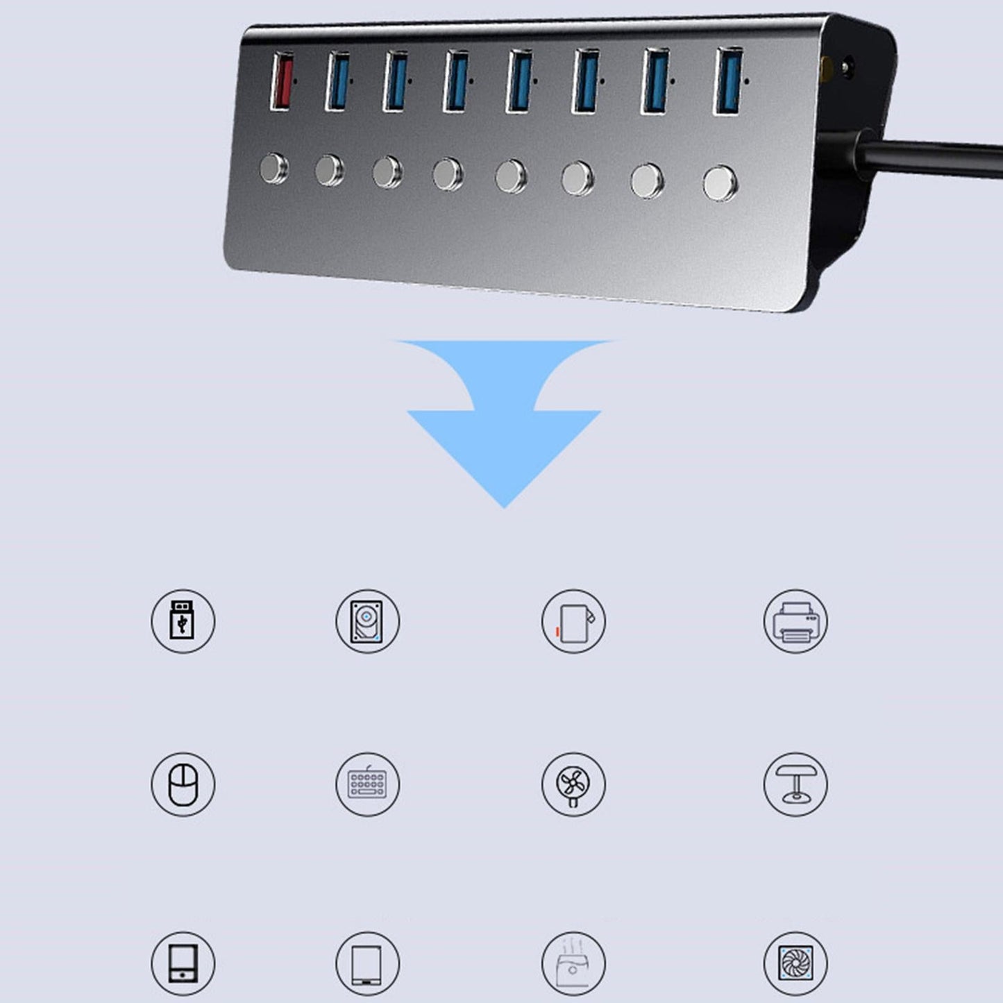 Powered 8-Ports USB 3.0 Hub USB Splitter 7 USB Data Ports Laptop PC Mouse