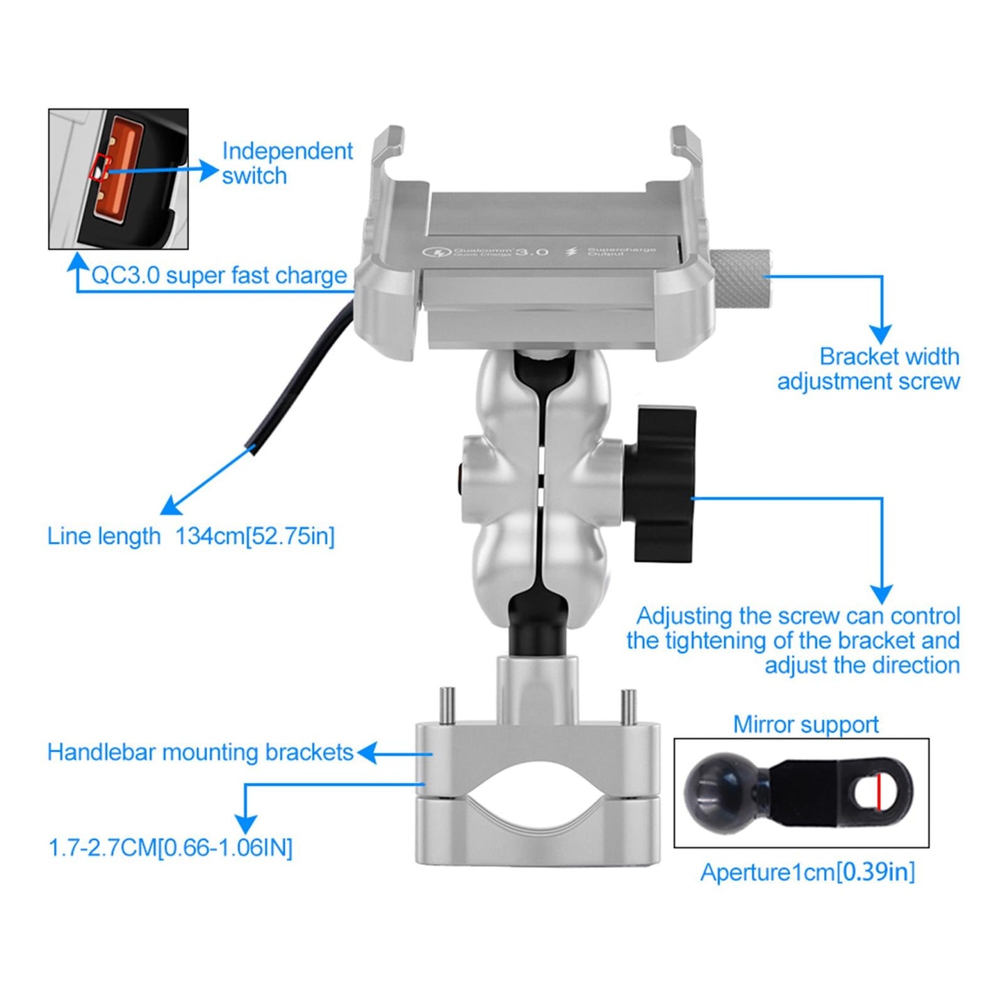 Motorcycle Smartphone Bracket for Cruiser Waterproof Intelligent Recognition Silver Gray