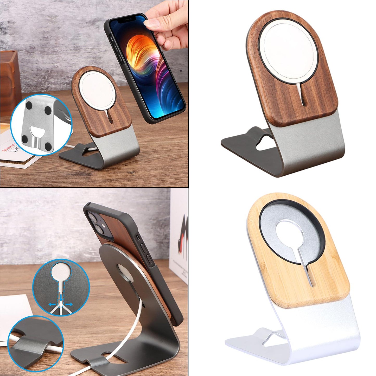 Phone Stand Portable Aluminum for MagSafe Charger MagSafe IS Not Included Gray Peach wood