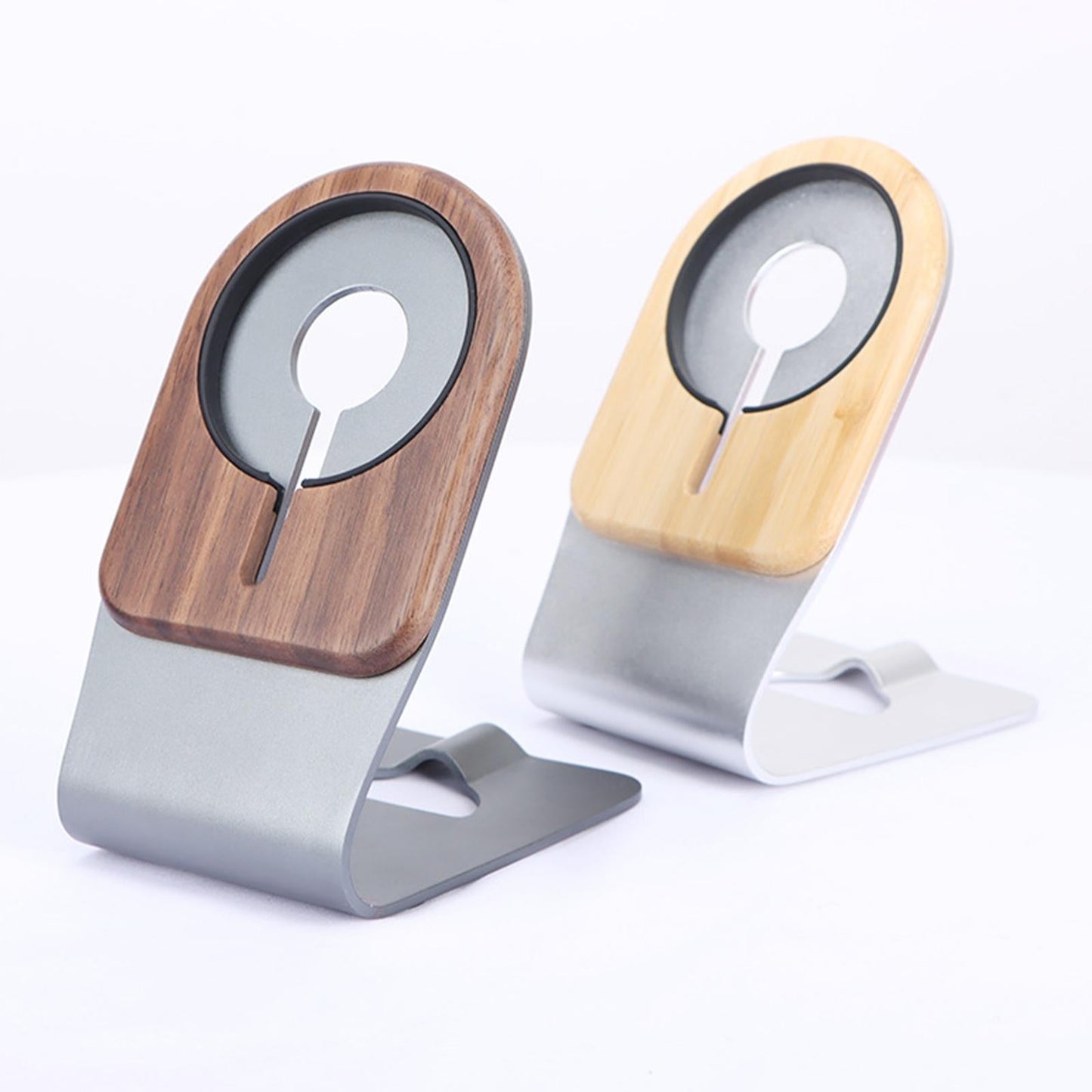 Phone Stand Portable Aluminum for MagSafe Charger MagSafe IS Not Included Silver Bamboo wood
