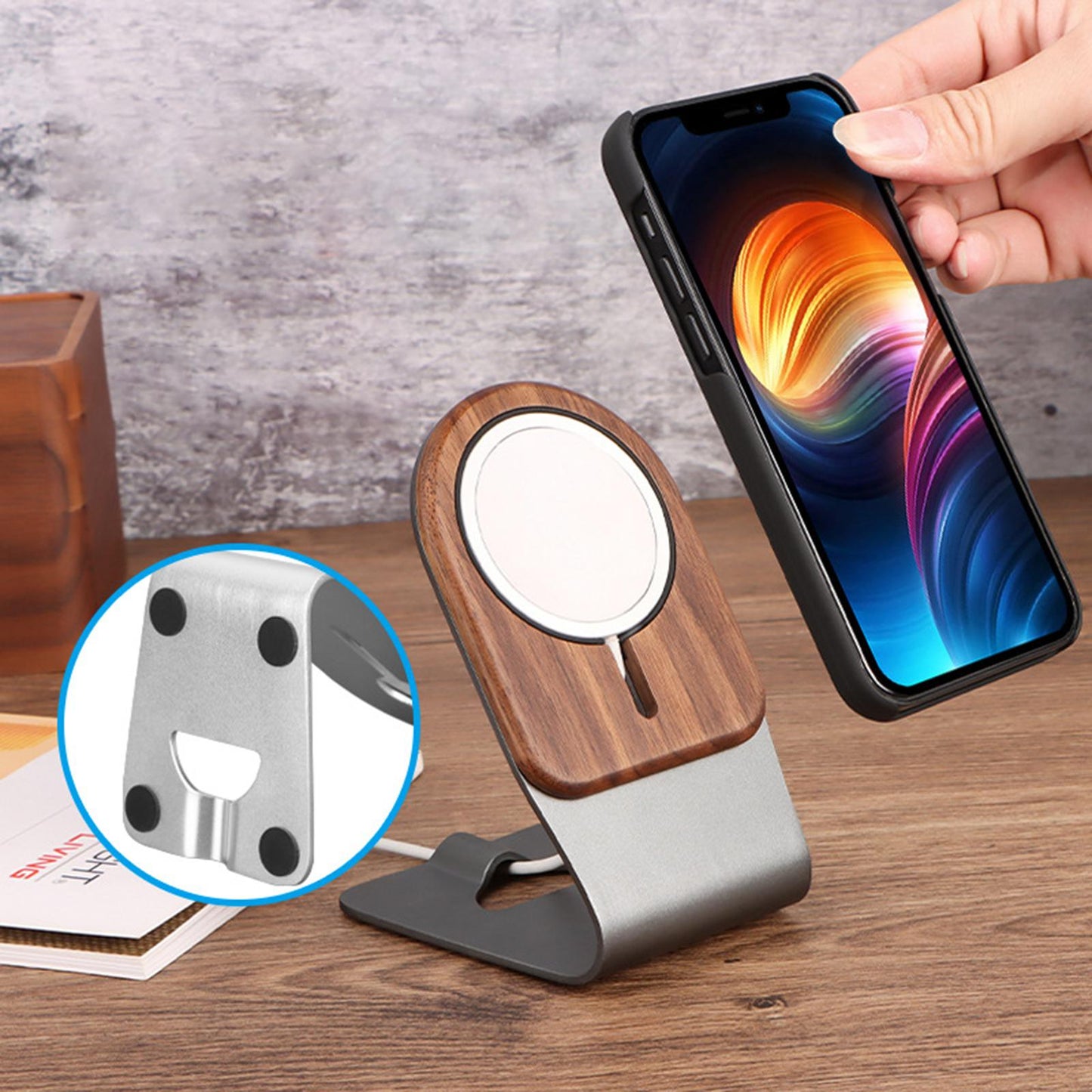 Phone Stand Portable Aluminum for MagSafe Charger MagSafe IS Not Included Silver Bamboo wood