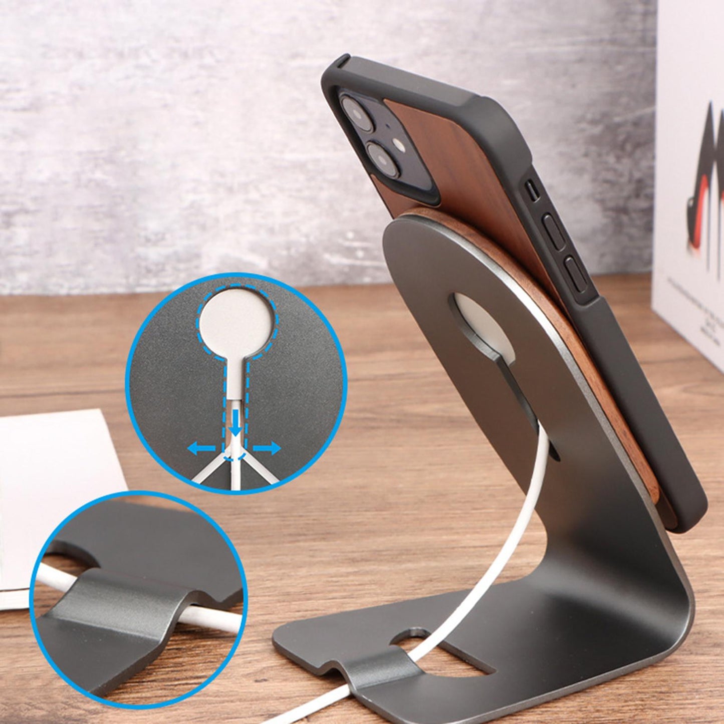 Phone Stand Portable Aluminum for MagSafe Charger MagSafe IS Not Included Silver Bamboo wood