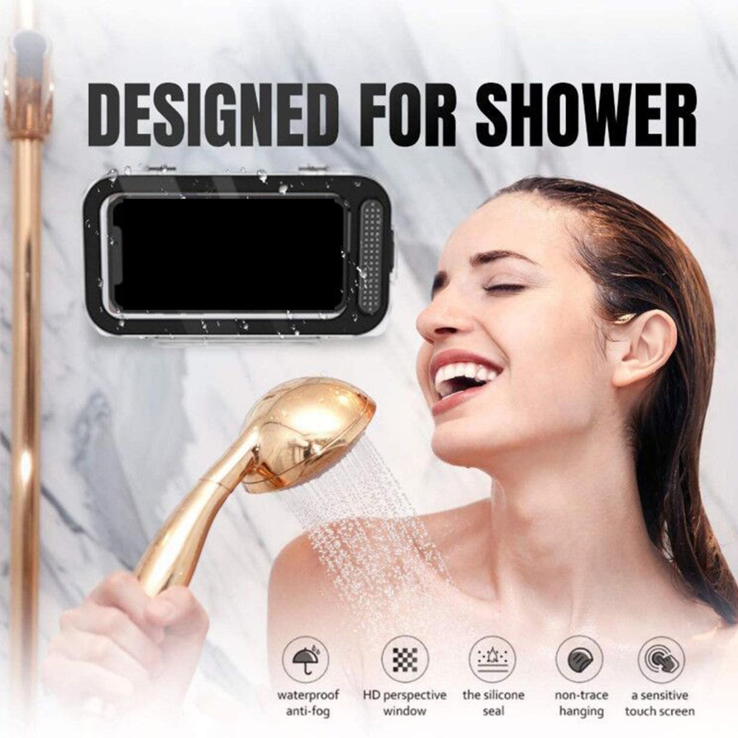 Waterproof Anti-Fog Clear Shower Wall Phone Holder Case Adhesive Punch-free
