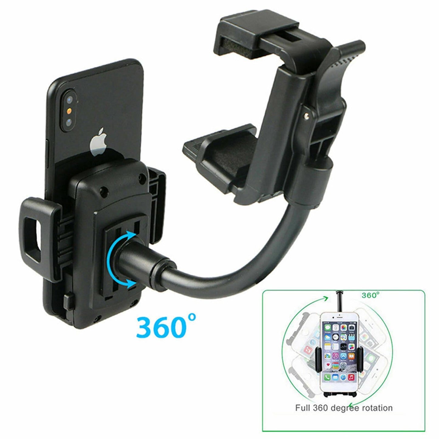 Car 360-degree Rearview Mirror Mount GPS Phone Holder Stand Adjustable