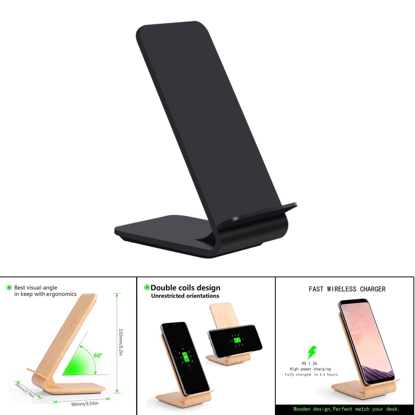 ABS Wireless Desktop Charger Quick Charge USB Cable for Mobile Phones Black