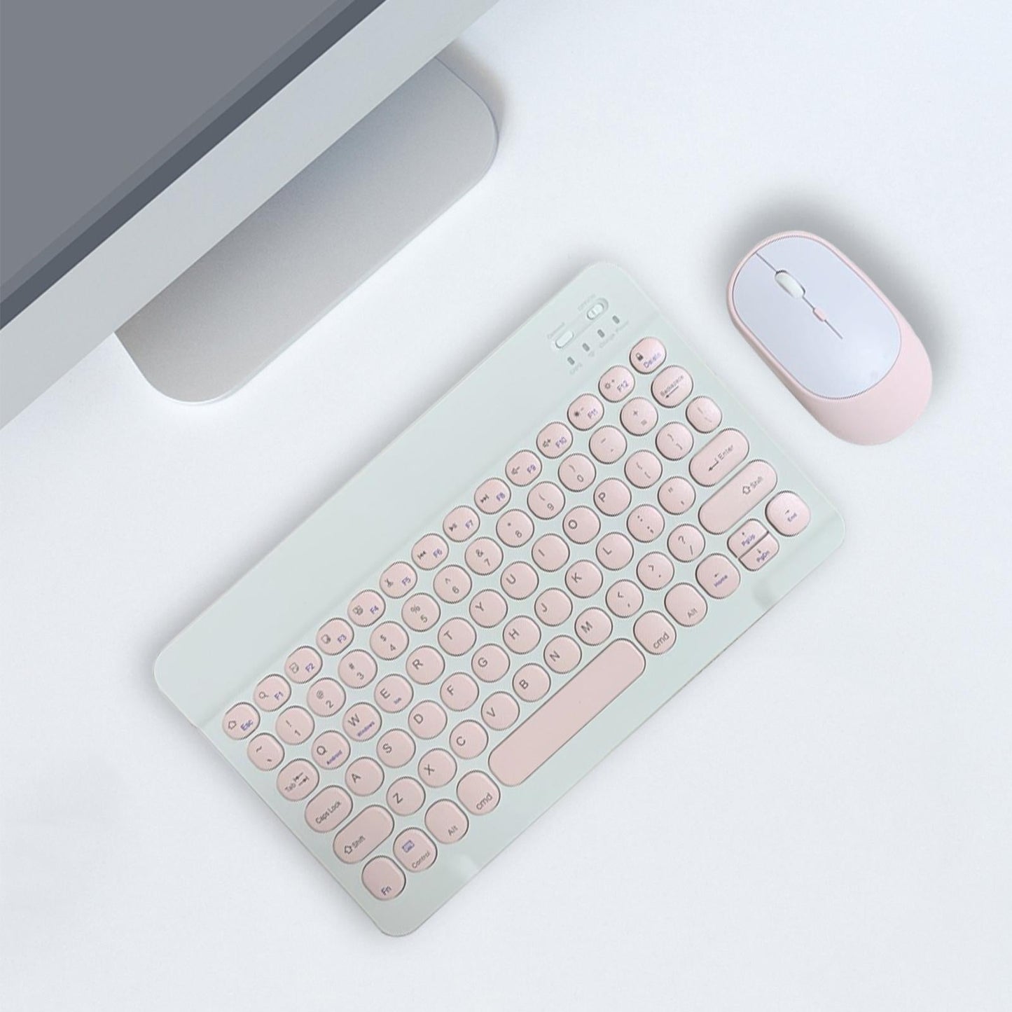 Round Keycap Wireless Bluetooth Keyboard for Phones Laptop Pink with Mouse