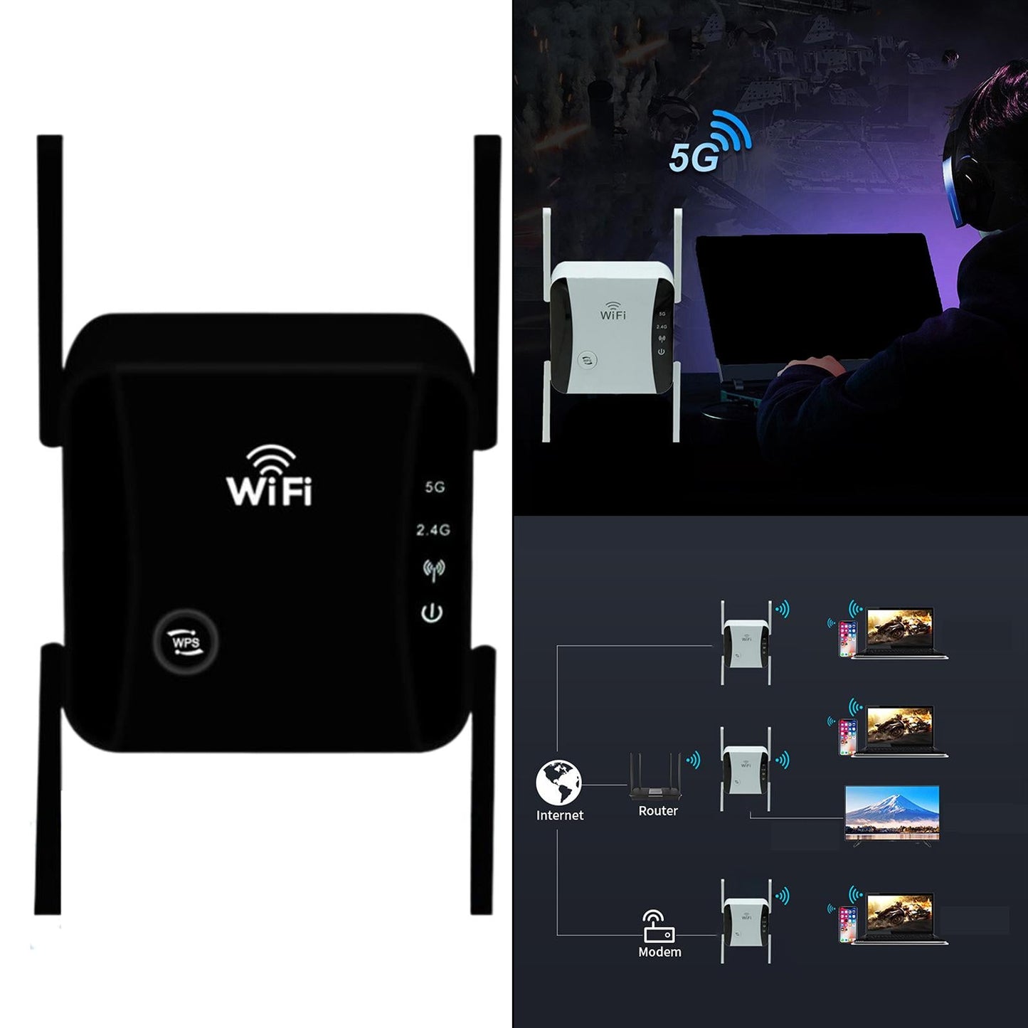 1200Mbps WiFi Extender Repeater 5G 2.4G Dual Band for Home black