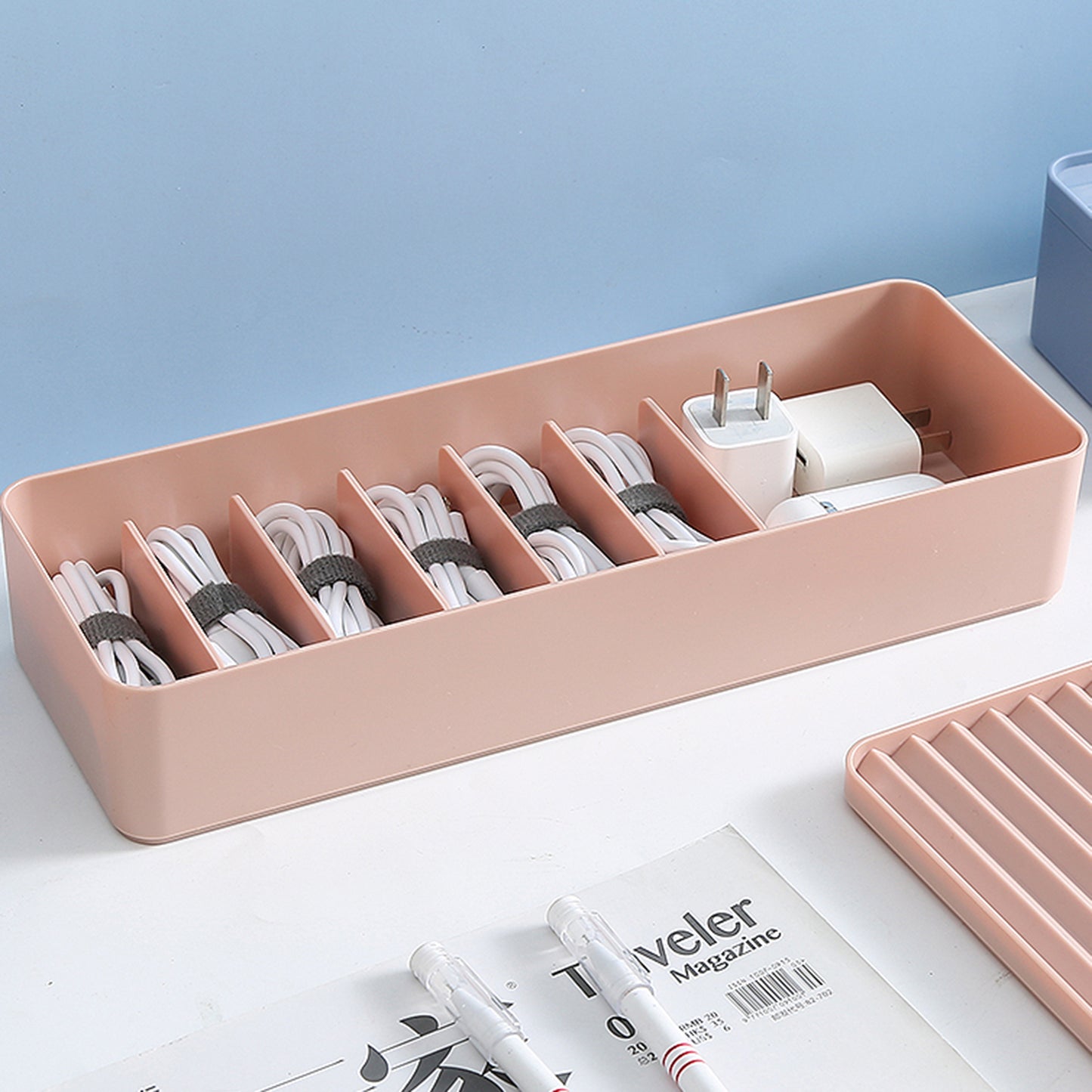 Plastic Cable Storage Boxs Organizer Dustproof Cover for Office Room Home Blue