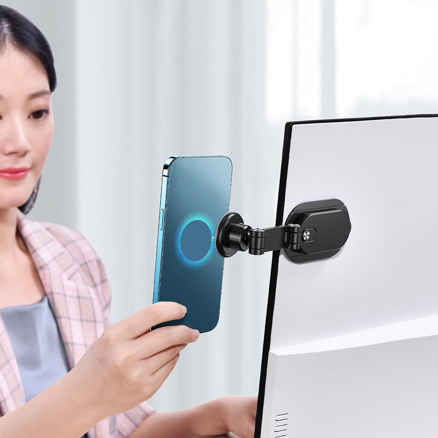 Magnetic Computer Phone Holder Adjustable Bracket for Monitor Tablets Black