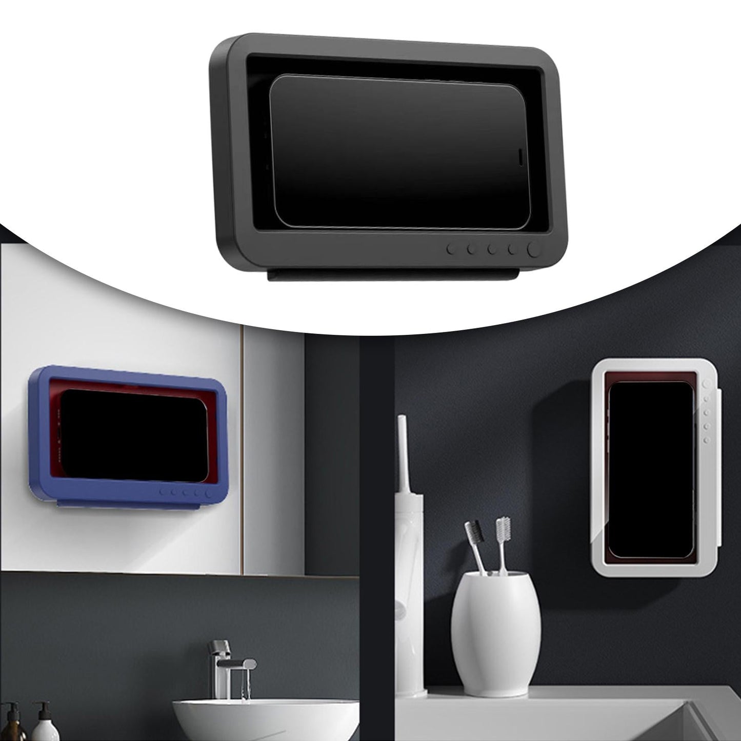 Wall Mounted Shower Phone Holder Waterproof Phone Storage Case Punch Free Black