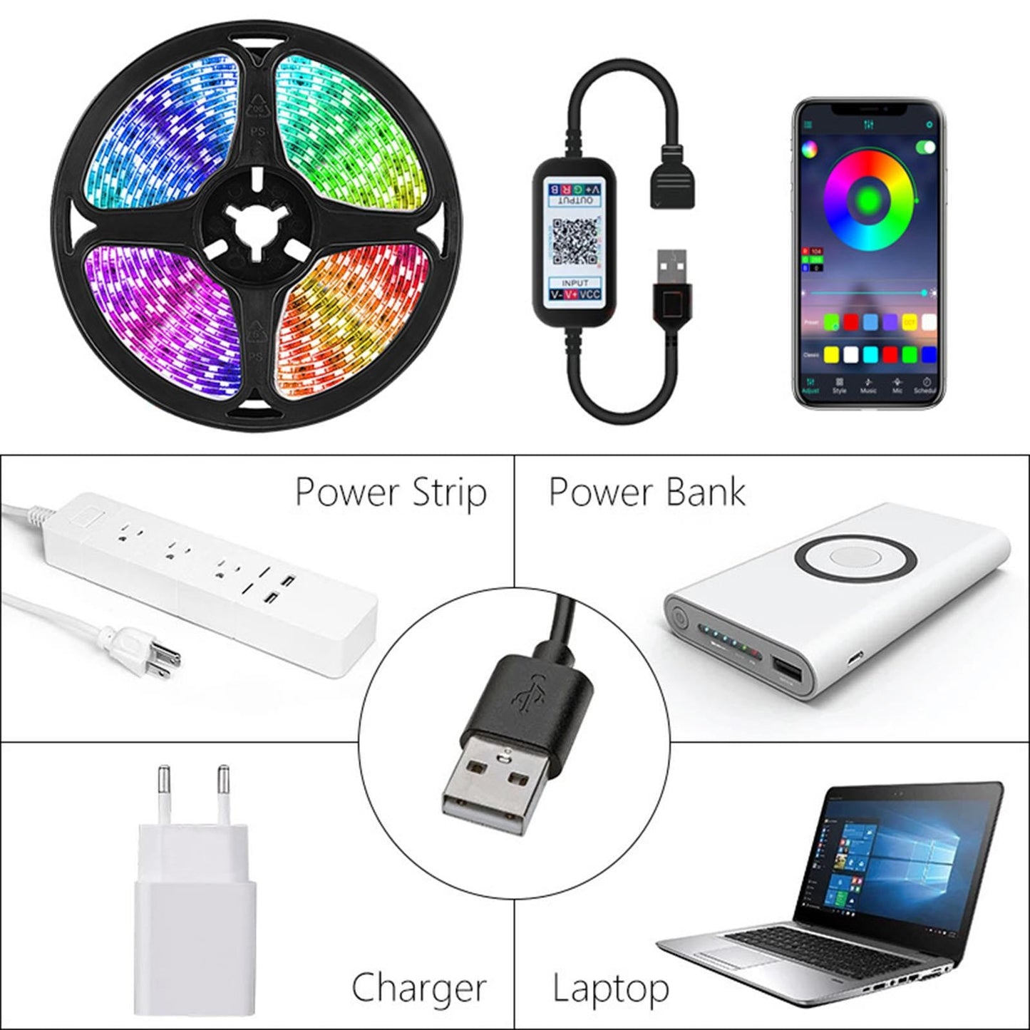 USB LED Strip Lights Color Changing Bluetooth Decoration 5V USB Powered 1m