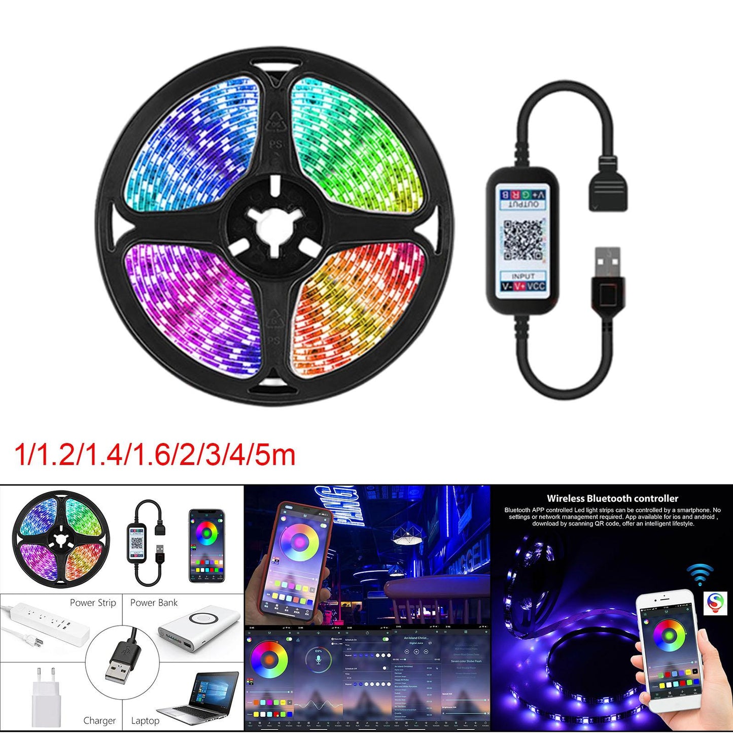 USB LED Strip Lights Color Changing Bluetooth Decoration 5V USB Powered 1m