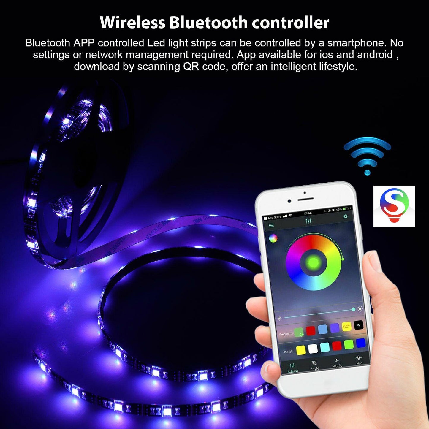 USB LED Strip Lights Color Changing Bluetooth Decoration 5V USB Powered 1.2m