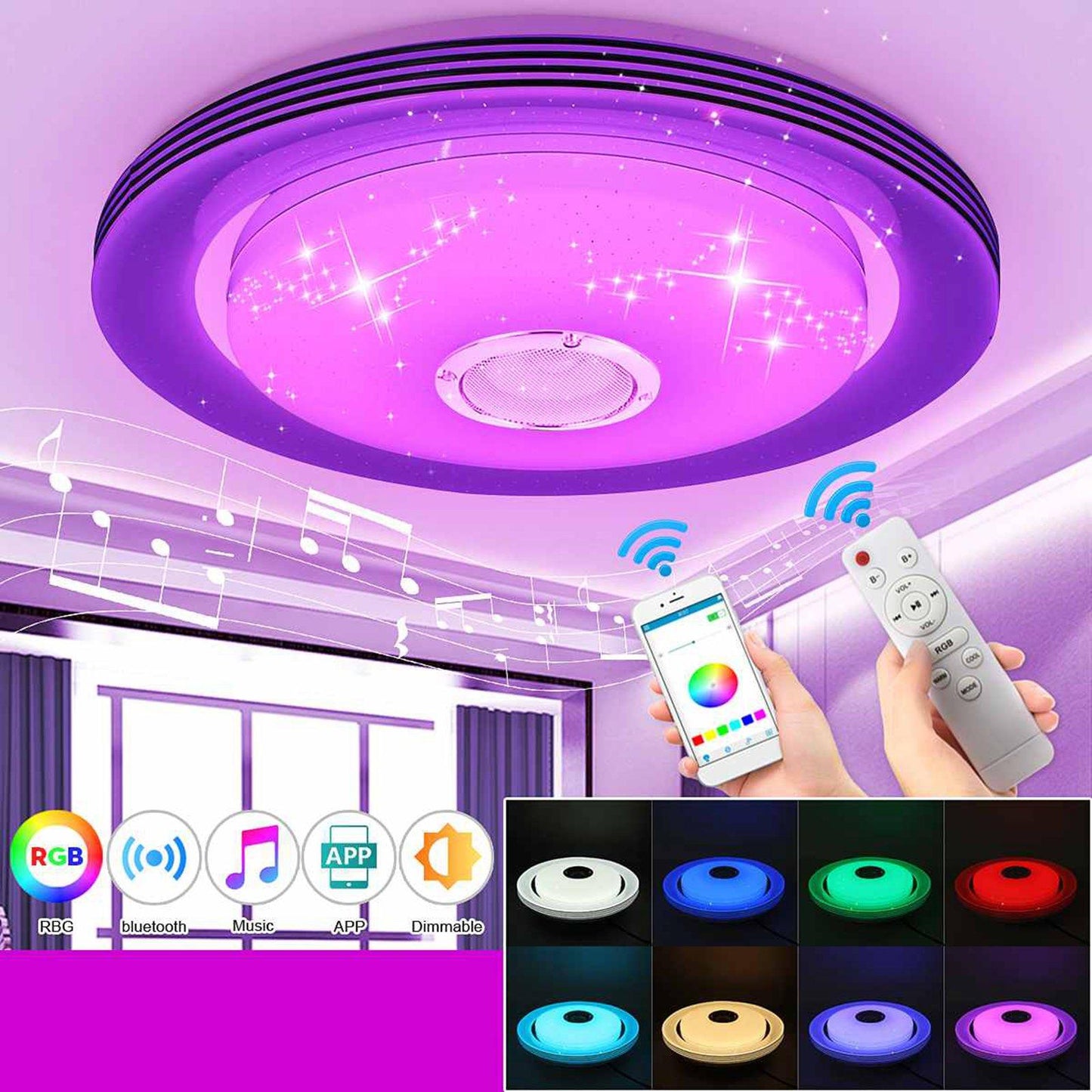 LED Music Ceiling Light RGB Color Changing for Kitchen 15.8inch 72W APP