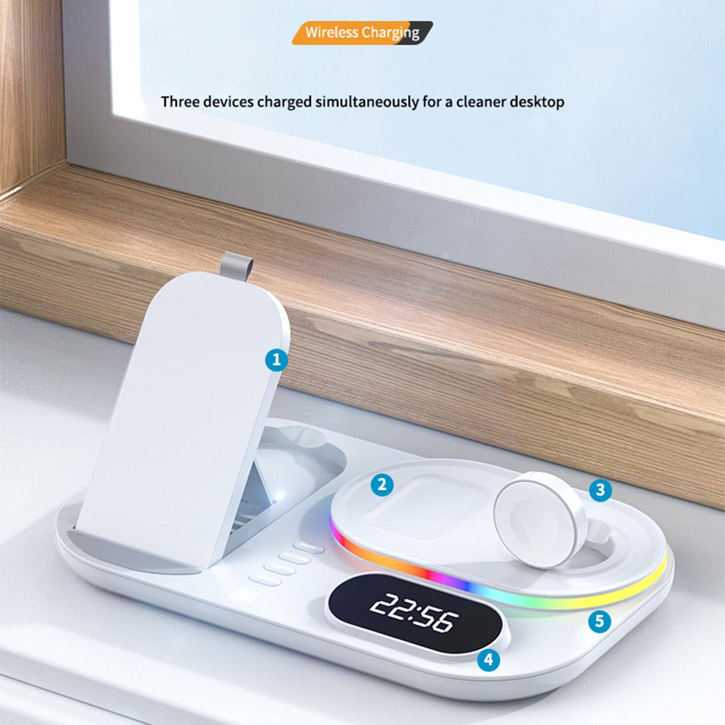 3 IN 1 Wireless Charger Stand Qi Fast Charging Dock Adjustable White